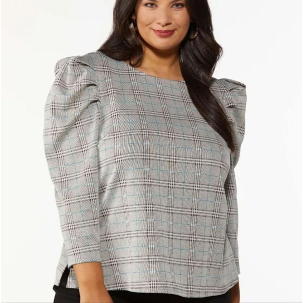 Cato Women's‎ Puff Sleeve Plaid Dress Blouse
